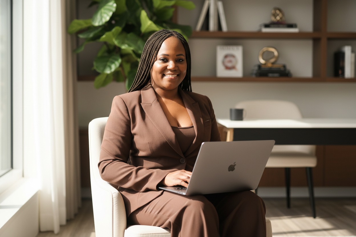 Coach Wakeitha smiling with her laptop in a bright office