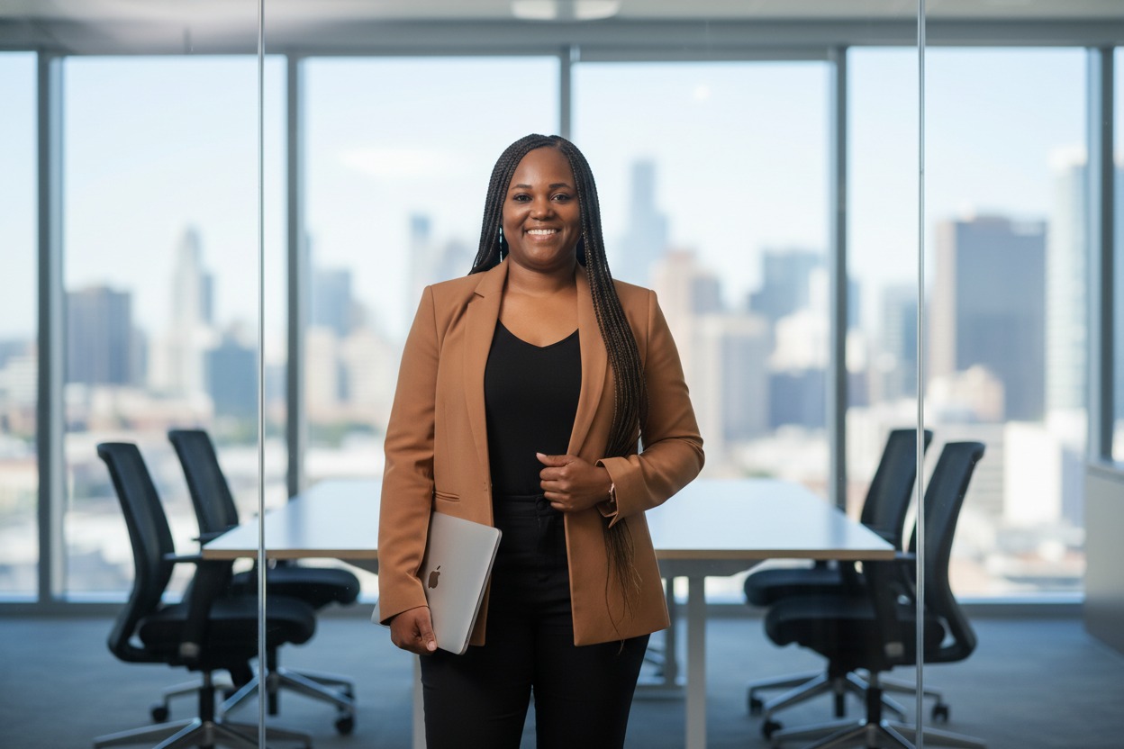 Coach Wakeitha standing confidently in a professional meeting space